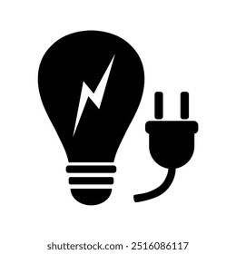 LIGHT BULB WITH ELECTRIC PLUG SILHOUETTE VECTOR DESIGN,SIMPLE MODERN AND MINIMALIST ELECTRIC ICON ON WHITE BACKGROUND