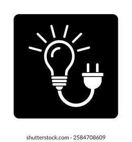 light bulb and electric plug, white icon on black background
