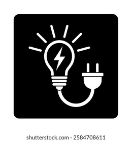 light bulb and electric plug, white icon on black background