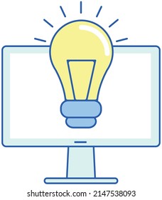 Light bulb, electricity sign on computer monitor. Symbol of new idea, creative project. Icon of light bulb for brainstorming, search for solution. Business idea on screen vector illustration