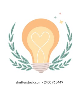 light bulb with electrodes in the shape of a heart. behind light bulb decoration in the form of plant branches