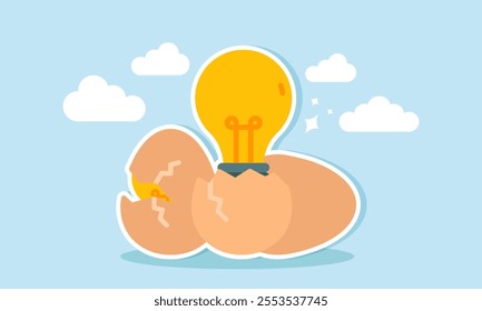 A light bulb emerging from an eggshell, illustration of generating business ideas and innovations to grow the company