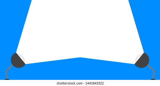 Light bulb emits white light from center to top side on blue background.
