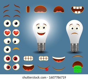 Light bulb emoji maker. Vector set of emoticon face parts for your own electrical lamp emoji creation with different facial expressions.