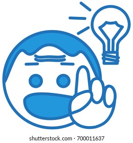 light bulb emoticon with smiling guy that just got an idea pointing his finger up with the "aha!" expression on his face, circle or ball shaped cartoon character, simple hand drawn line icon