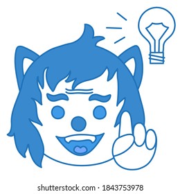 light bulb emoticon with smiling wolf that just got an idea pointing his finger up with the "aha!" expression on his face, circle shaped cartoon character, simple hand drawn line icon
