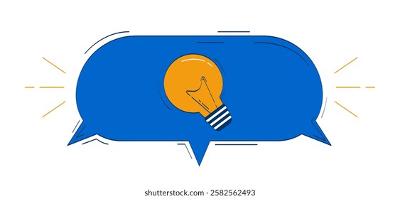 Light bulb enclosed within speech bubble 2D doodle object. Creativity, innovation, bright ideas. Lightbulb cartoon element flat vector clipart isolated on white background. Hand drawn illustration