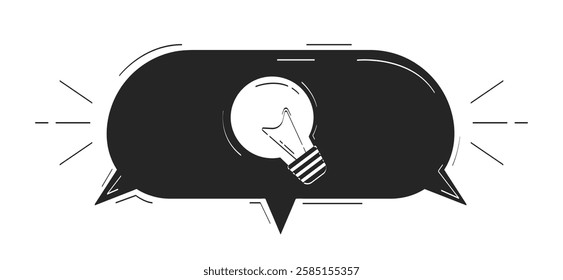 Light bulb enclosed within speech bubble doodle linear object. Creativity, innovation, bright ideas. Lightbulb 2D vector outline clip art drawing isolated on white. Hand drawn sketch illustration