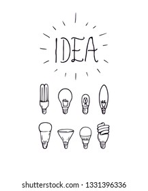 Light bulb and energy saving lamp set and letters idea shine simple black and white outline drawing illustration. Lightbulb set collection design with text tittle word idea. Simple lamp sign design .