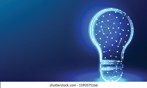 light bulb, energy saving, lamp glasses. mind and thinking solution. abstract low poly wireframe mesh design. from connecting dot and line. vector illustration on blue background