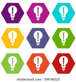 Light bulb with exclamation mark inside icon set many color hexahedron isolated on white vector illustration