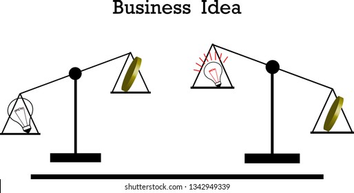 A light bulb extinguished on the scales symbolizes nothing, and a lit light indicates that the idea makes money. Vector illustration. White background. The inscription, which can be removed or changed