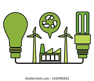 light bulb factory windmill recycle eco friendly environment vector illustration