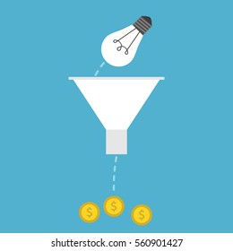 Light bulb falling into funnel and transforming into gold dollar coins. Idea, money and profit concept. Flat design. Vector illustration. EPS 8, no transparency