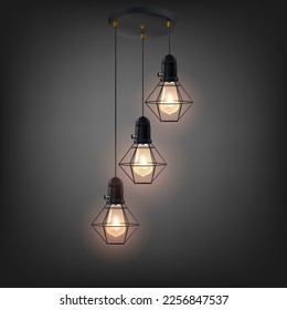 Light bulb in fashionable retro vintage style glowing filament over dark background. Decorative retro lamp. 3d vector illustration