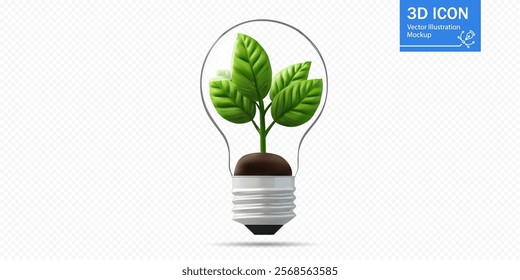 A light bulb features vibrant green leaves emerging from soil, representing the fusion of nature and technology focused on sustainability and renewable energy solutions.