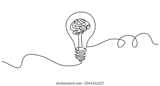 Light bulb featuring a brain inside in a continuous one line drawing. Concept of creative ideas. Hand-drawn minimalist vector illustration.
