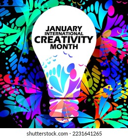 A light bulb filled with bold text on a creative colorful decorative background to celebrate International Creativity Month on January