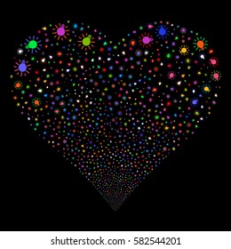 Light Bulb fireworks with heart shape. Vector illustration style is flat bright multicolored iconic symbols on a black background. Object heart created from scattered pictograms.