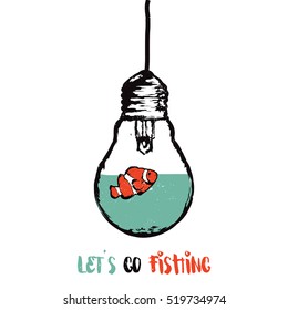 Light bulb and fish hand drawing lable. Illustration for print