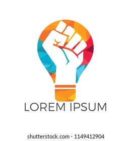 Light bulb with fist hand inside. power of idea or confidence with your idea concept. Education and business logotype concept.