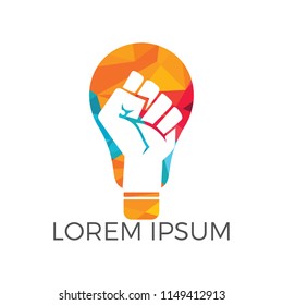 Light bulb with fist hand inside. power of idea or confidence with your idea concept. Education and business logotype concept.