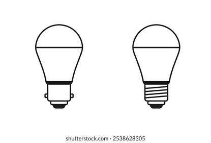 Tipos de acerto de lâmpada, tampa de baioneta e parafuso Edison, ícone, símbolo,
