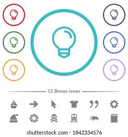 Light bulb flat color icons in circle shape outlines. 12 bonus icons included.