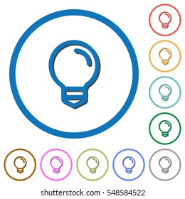 Light bulb flat color vector icons with shadows in round outlines on white background