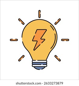 Light Bulb Flat design style, classic bulb with lightning symbol, symbolizing electricity and innovation, perfect for energy ideas, tech icons, and bright solution visuals.