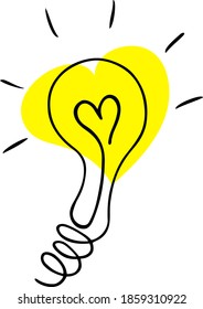 Light bulb flat icon with filament in shape of heart. Romantic and love ideas association. Doodle vector illustration in simple graphic style.