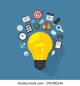 Light bulb with flat icons. Design element. Background for business, communication, marketing research, strategy, mission, analytics and web design. Vector illustration.