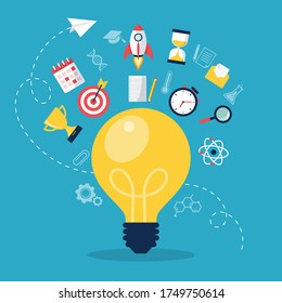 Light bulb with flat icons element on blue background. vector illustration modern flat design. idea thinking concept. startup sign management. business creative to success.