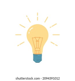 Light Bulb. Flat illustration of a glowing light bulb. Icon isolated on a white background. Ideas symbol vector illustration.