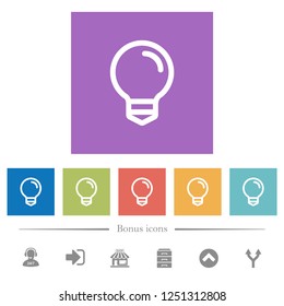 Light bulb flat white icons in square backgrounds. 6 bonus icons included.