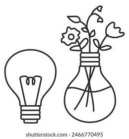 Light bulb, floral botanical.Lamp with flowers.Cute spring doodle.Simple flower sketch. Zero waste.Recycling ideas.Upcycling for potting. Reuse things concept.Outline vector illustration.
