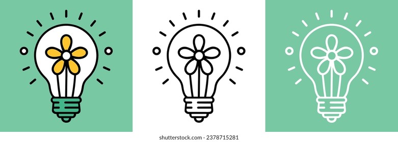 Light bulb with flower inside. Green energy concept. Energy saving and energy transition icon. Renewable energy logo outline flat design minimalist vector.