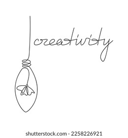 Light bulb flower line continuous drawing. Hand drawn linear silhouette icon. Creativity slogan, writing, quote, phrase, lettering, text design, print, banner, card, wall art poster, brochure, logo.