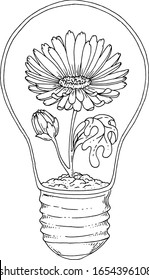 Light bulb with a flower. Vector illustration. Ink drawing.