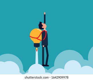 Light bulb flying into the sky with cartoon business person. Vector illustration in cartoon style design