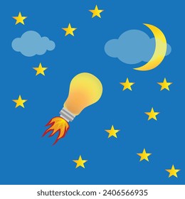 Light bulb flying like a rocket to the night sky
