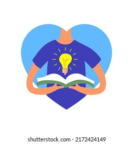 light bulb flying over someone's book a man symbol of love, flat design