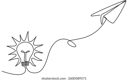 Light bulb with flying paper plane continuous line drawing. Idea conceptual symbol. Insight concept. Vector illustration isolated on white.