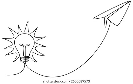 Light bulb with flying paper plane continuous line drawing. Idea conceptual symbol. Insight concept. Vector illustration isolated on white.