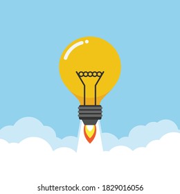 light bulb flying to the sky through the clouds. Idea creative start up business concept. vector illustration in flat style modern design. isolated on blue background.