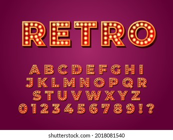 Light bulb font. Lamp text, retro bulbs abc letters for circus or night show. 3d casino cinema numbers collection. Theater recent vector alphabet