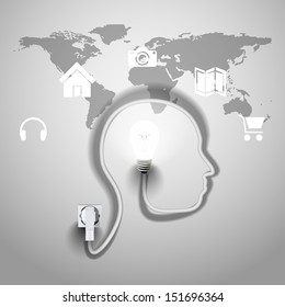 Light Bulb forming human face profile with its cable. Creative concept for your design idea, Eps10, vector illustration.