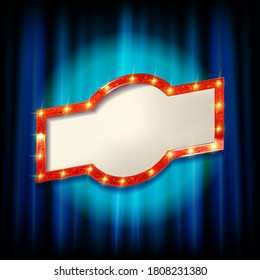 Light Bulb Frame against blue theater or cinema curtain. Glowing Signboard with a blank space for Your Text. Vector Illustration