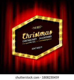 Marco luminoso contra el teatro rojo o la cortina del cine. Pancarta brillante con un espacio en blanco para Su texto. Ilustración vectorial