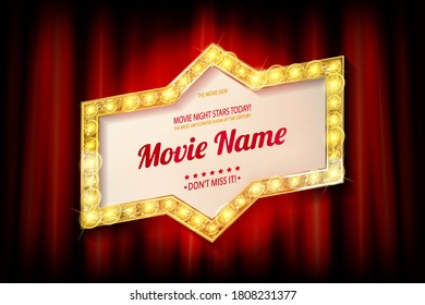 Light Bulb Frame against red theater or cinema curtain. Glowing Signboard with a blank space for Your Text. Vector Illustration